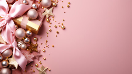pink background with gold, for Christmas or New Year Top view of Christmas decorations, stars, snowflakes, balls, bottle of champagne, and gift box