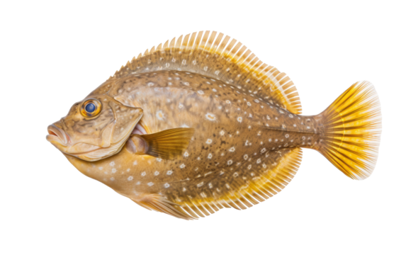 A fish is standing upright on its tail fin against a white background