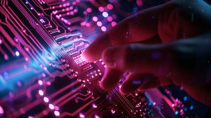 Fototapeta na wymiar Man Holding AI Circuit Board with Cyberpunk Neon Lighting - Innovative Technology Concept