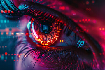 Privacy breach concept, digital eye, close-up, neon lights, cyberpunk flair, sharp focus - obrazy, fototapety, plakaty