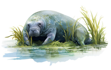 A hippopotamus peacefully resting in tall grass next to a tranquil body of water