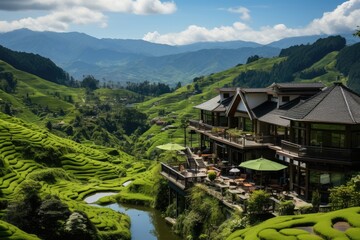 Naklejka premium luxury homestay on a hilltop with views of green tea plantations inspiration ideas