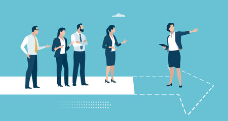 Advice. Female Leader. Leader points outside of the white box and reveals the path forward. Business concept vector illustration. 