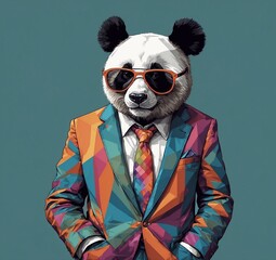 Portrait of a panda in a jacket and tie with sunglasses