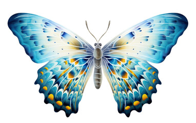 A mystical blue butterfly adorned with vibrant yellow spots fluttering gracefully