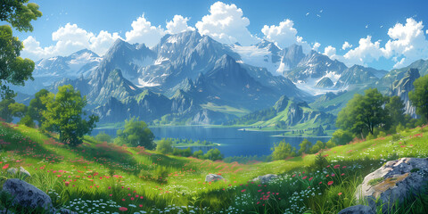 Fototapeta na wymiar Japanese or fantasy eastern landscape. Spring summer autumn. Beautiful natural mountain place. Panorama background. Digital painting. Poster, invitation, flyer, banner, header. Generative Ai content