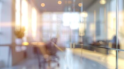 Serene Modern Office Interior: Panoramic Windows, Soft Lighting, and Blurred Background
