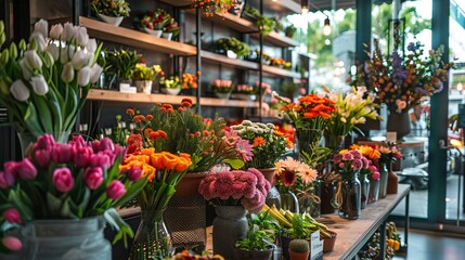 Fototapeta na wymiar Inviting Workspace adorned with Vibrant Fresh Flowers - Floral Shop Business Concept