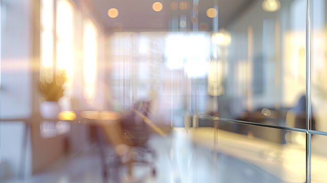 Serene Modern Office Interior: Panoramic Windows, Soft Lighting, and Blurred Background