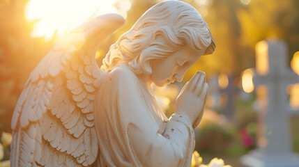 Angel statue praying on graveyard close up photo. Blurred cemetery background. In loving memory