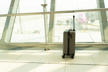 Suitcases in airport departure lounge and the airplane in background.Travel concept with hand...