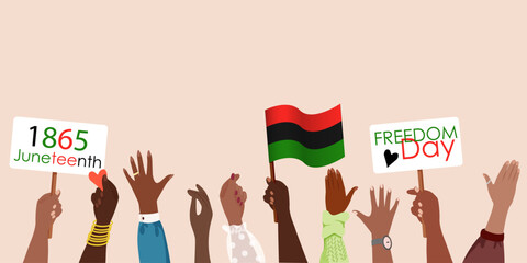 Black Lives Matter. Dark skinned hands raised up. June 19, 1865 - Freedom Day, slavery abolition, african american people emancipation, unequality protest. Flat vector - obrazy, fototapety, plakaty
