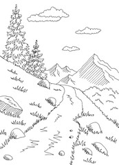 Mountain road graphic black white vertical landscape sketch illustration vector 