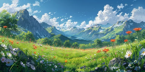Poster Japanese or fantasy eastern landscape. Spring summer autumn. Beautiful natural mountain place. Panorama background. Digital painting. Poster, invitation, flyer, banner, header. Generative Ai content © Evgeniy