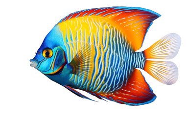 A vibrant blue and yellow fish swimming gracefully on a clean white background
