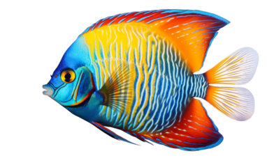 A vibrant blue and yellow fish swimming gracefully on a clean white background