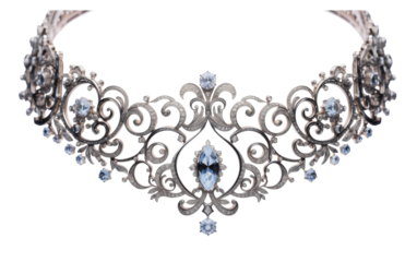 A majestic tiara featuring a dazzling blue stone at its center