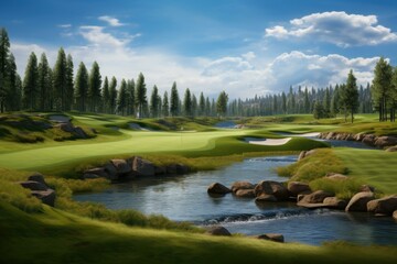 Prestigious Golf course. Sky course flag. Generate Ai - obrazy, fototapety, plakaty