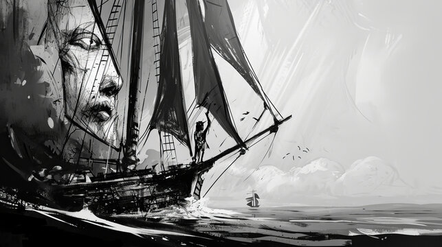 Sailboats in futuristic style, depicted in simple black and white