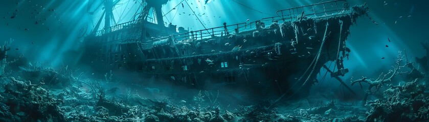 Serenely nestled within the colorful arms of a thriving coral reef, the haunting remnants of a shipwreck offer a glimpse into an underwater world. - obrazy, fototapety, plakaty