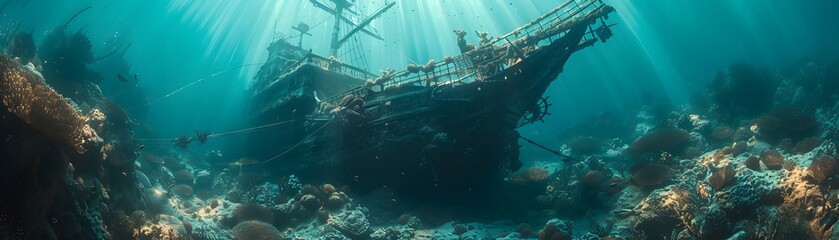 In the tranquil depths of the ocean, the spectral wreckage of a sunken ship finds solace amidst the vibrant coral reef.