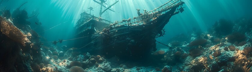 In the tranquil depths of the ocean, the spectral wreckage of a sunken ship finds solace amidst the vibrant coral reef. - obrazy, fototapety, plakaty