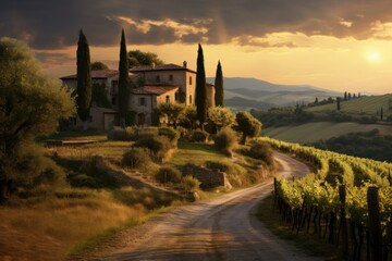 Idyllic Landscape of tuscany winery scenic rural. Hill road natural world. Generate AI