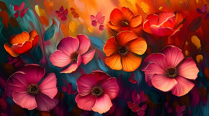 Oil paintings of abstract flowers and leaves. Sprinkled paint on smooth paper, giving the paper a golden texture. Prints, wallpapers, posters, cards, murals, rugs, hangings, wall art, posters. - obrazy, fototapety, plakaty