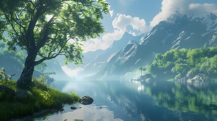 As dawn arrives, tranquility envelops a mountain lake, where wildflowers and verdant greenery flourish beneath a serene sky.