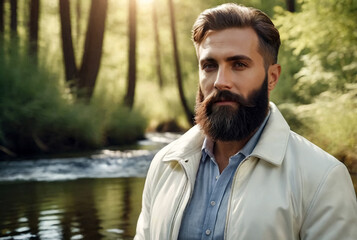 Confident bearded jewish man in white jacket at forest river water background, looking at camera. Male posing spending summertime in countryside. Lifestyle concept, fresh air. Copy ad text space