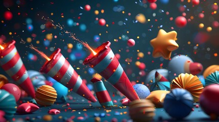 Vibrant party crackers bursting with confetti in a dynamic and colorful celebration scene. - obrazy, fototapety, plakaty