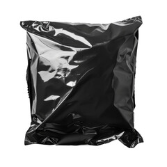glossy crumpled black plastic square bag isolated on transparent background