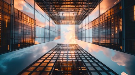 A vertical photo of a skyscraper, emphasizing its towering height and urban grandeur. Concept of...