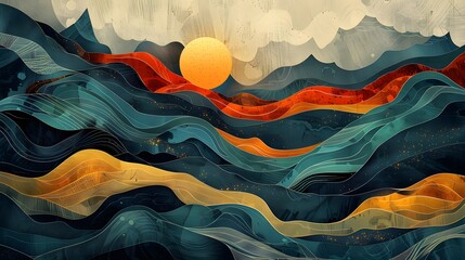 Stylized abstract waves in a rich tapestry of colors, evoking a sense of movement under a large sun.