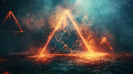 Glowing neon triangles emerge with a striking presence amidst a cloud of cosmic dust, creating a surreal and futuristic visual experience. - obrazy, fototapety, plakaty