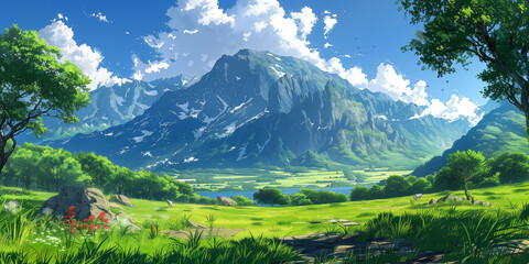 Fototapeta premium Japanese or fantasy eastern landscape. Spring summer autumn. Beautiful natural mountain place. Panorama background. Digital painting. Poster, invitation, flyer, banner, header. Generative Ai content