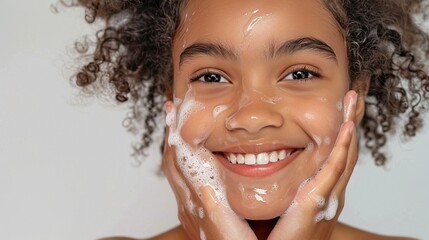 A smiling African American girl with curly hair and soap suds on her face on a grey background