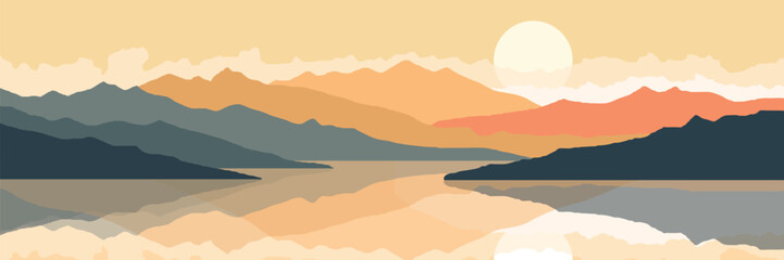 Mountain lake at sunrise, morning light and sun, scenic reflection, vector illustration
