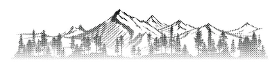 Mountain landscape with forest, vector halftone dots background, fading dot effect, banner