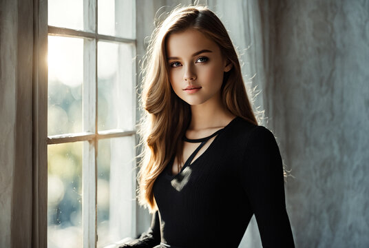 Portrait of perfect teen model girl 14 year old posing at large window, flirting looking at camera. Elegant fashionable teenage cover lady in black. Youth gen z fashion concept. Copy ad text space