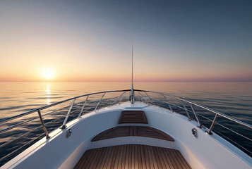View from a yacht's bow sailing towards horizon (skyline) at sunset, serene scene. Sailing into sunset on open sea, illustration. Travel sea cruise concept. Copy ad text space. Generated Ai - obrazy, fototapety, plakaty