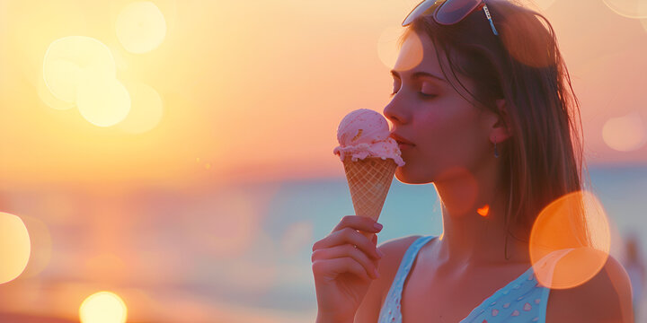 Happy californian beautiful woman in sunflasses eat ice cream in a waffle horn cone at sunset on the beach.