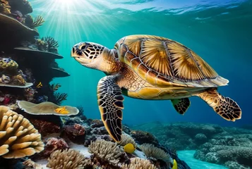 Fotobehang Green sea Turtle (Testudines) mammal swimming in tropical underwaters. Turtles in underwater wild animal world. Observation of wildlife ocean. Scuba diving adventure in Ecuador coast © Alex Vog