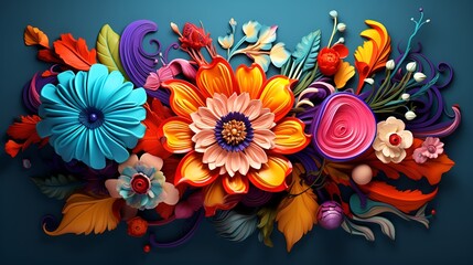 Vibrant Colors and Floral Elements 3D Sculpture Style, vibrant colors, floral elements, 3D sculpture, style - obrazy, fototapety, plakaty