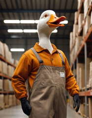 anthropomorphic warehouse worker goose in working clothes in a warehouse