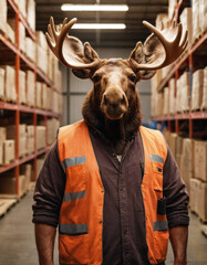 anthropomorphic warehouse worker moose in work clothes in a warehouse