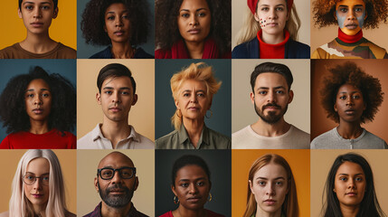 Many happy diverse ethnicity different young and old people group headshots in collage mosaic collection. Lot of smiling multicultural faces looking at camera. Human resource society database concept