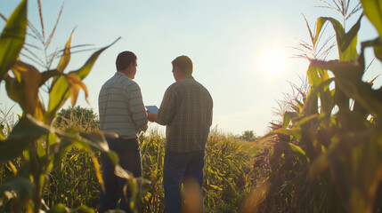 Deal in agribusiness. Two male farmer communicate on the field, use a tablet . Silhouettes at sunset