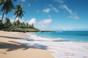 Fototapeta na wymiar Sun in blue sky and palm trees on white sand beach