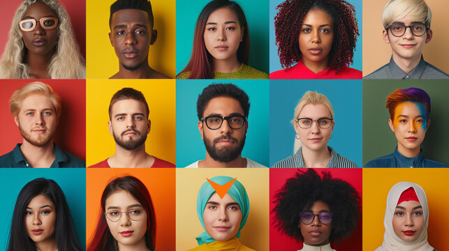A vibrant collage of joyful individuals from diverse ethnic backgrounds, spanning various ages, captured in headshots